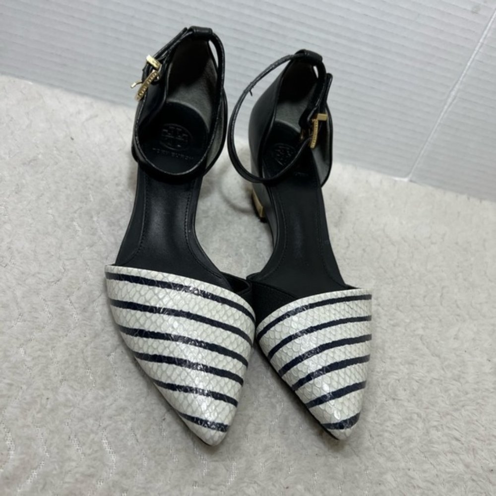Tory Burch Womens 6M Ankle Strap Sandals Blue White Leather Striped Pointed Toe